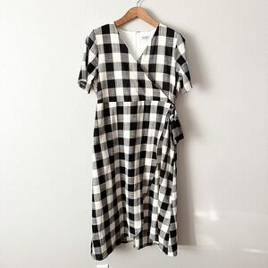 Sweet Salt Modest Clothing Black White Gingham Faux Wrap‎ Midi Dress Size Large